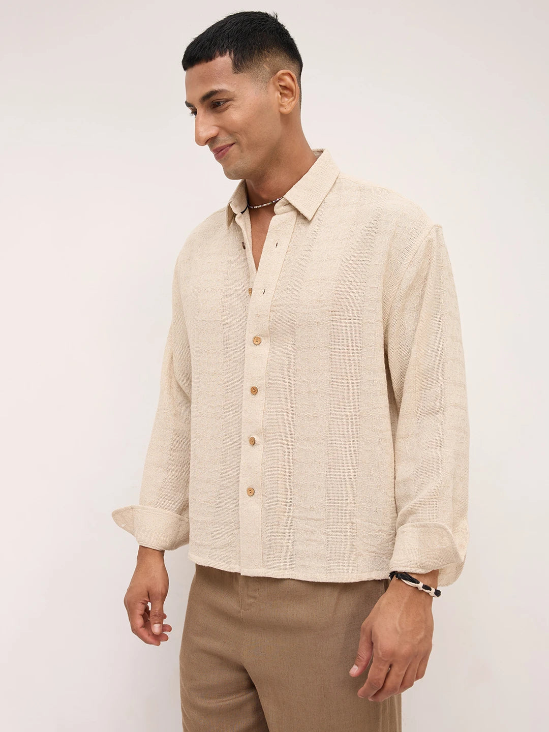 Exquisite Burlap Beige Striped Textured Boxy Fit Crop Shirt