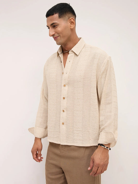 Exquisite Burlap Beige Striped Textured Boxy Fit Crop Shirt