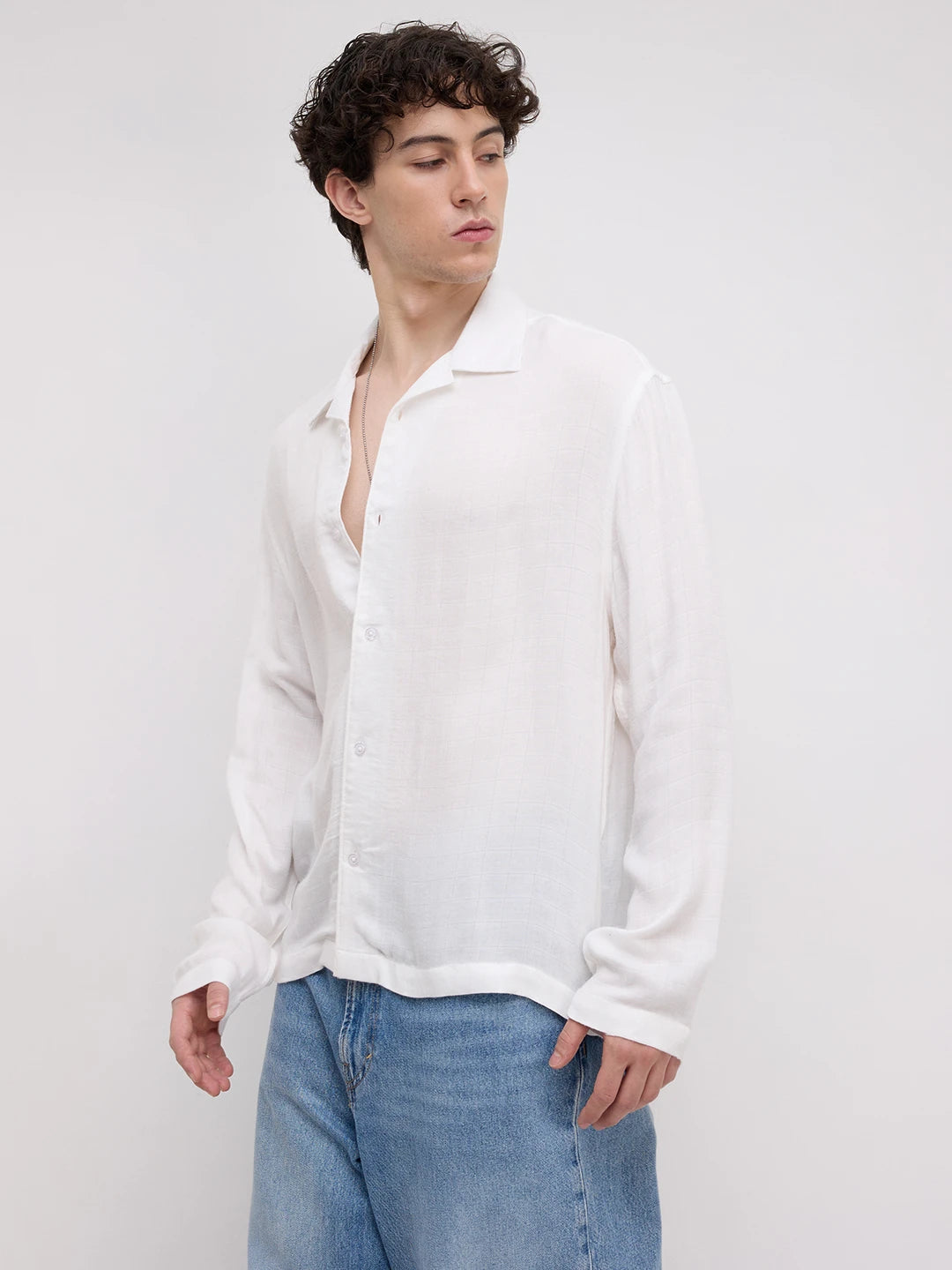Cloud White Square Weave Double Cloth Notch Collar Oversized Shirt