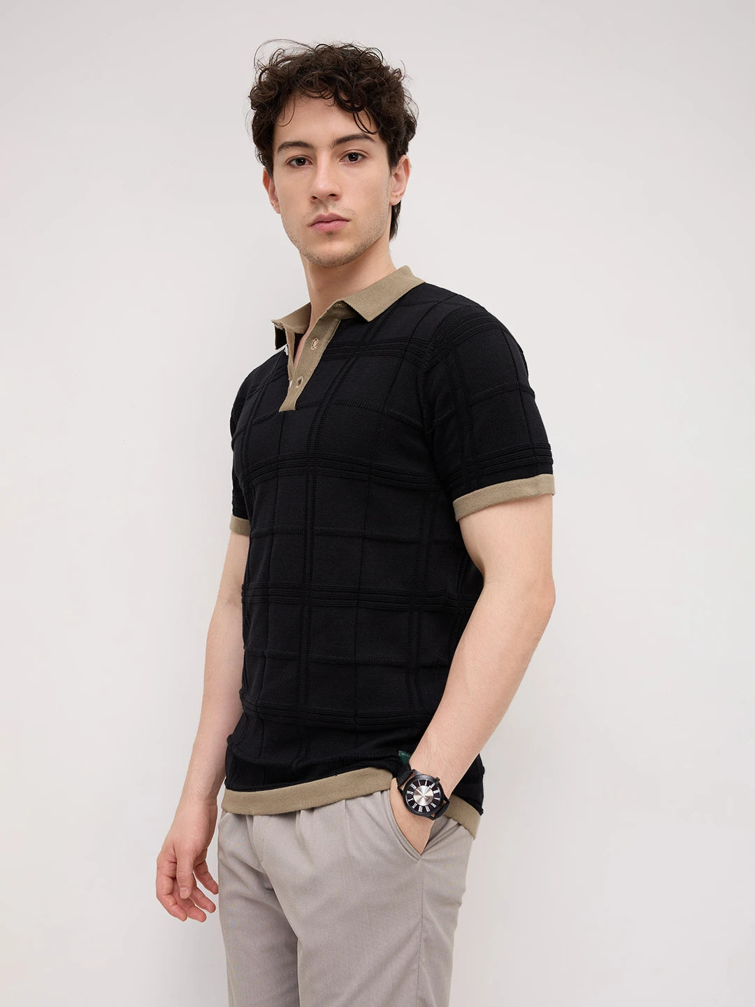 Black Windowpane Textured Contrast Polo Flat Knit T-Shirt