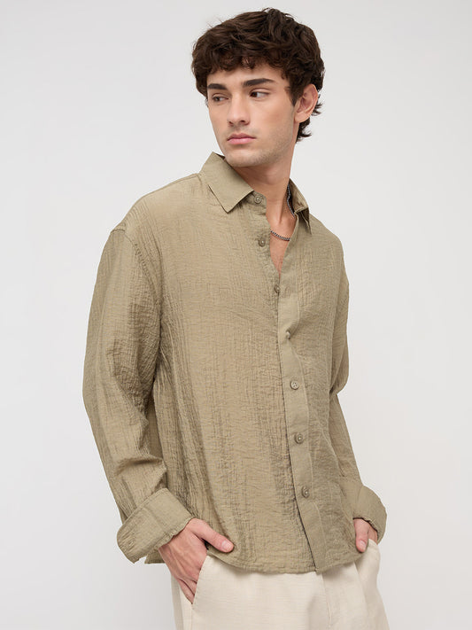 Olive Sheer Crinkled Boxy Fit Crop Shirt