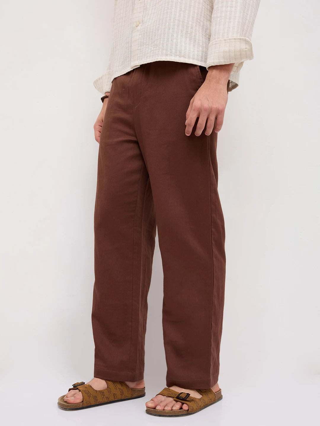Coffee Brown Fine Herringbone Textured Straight Fit Trousers