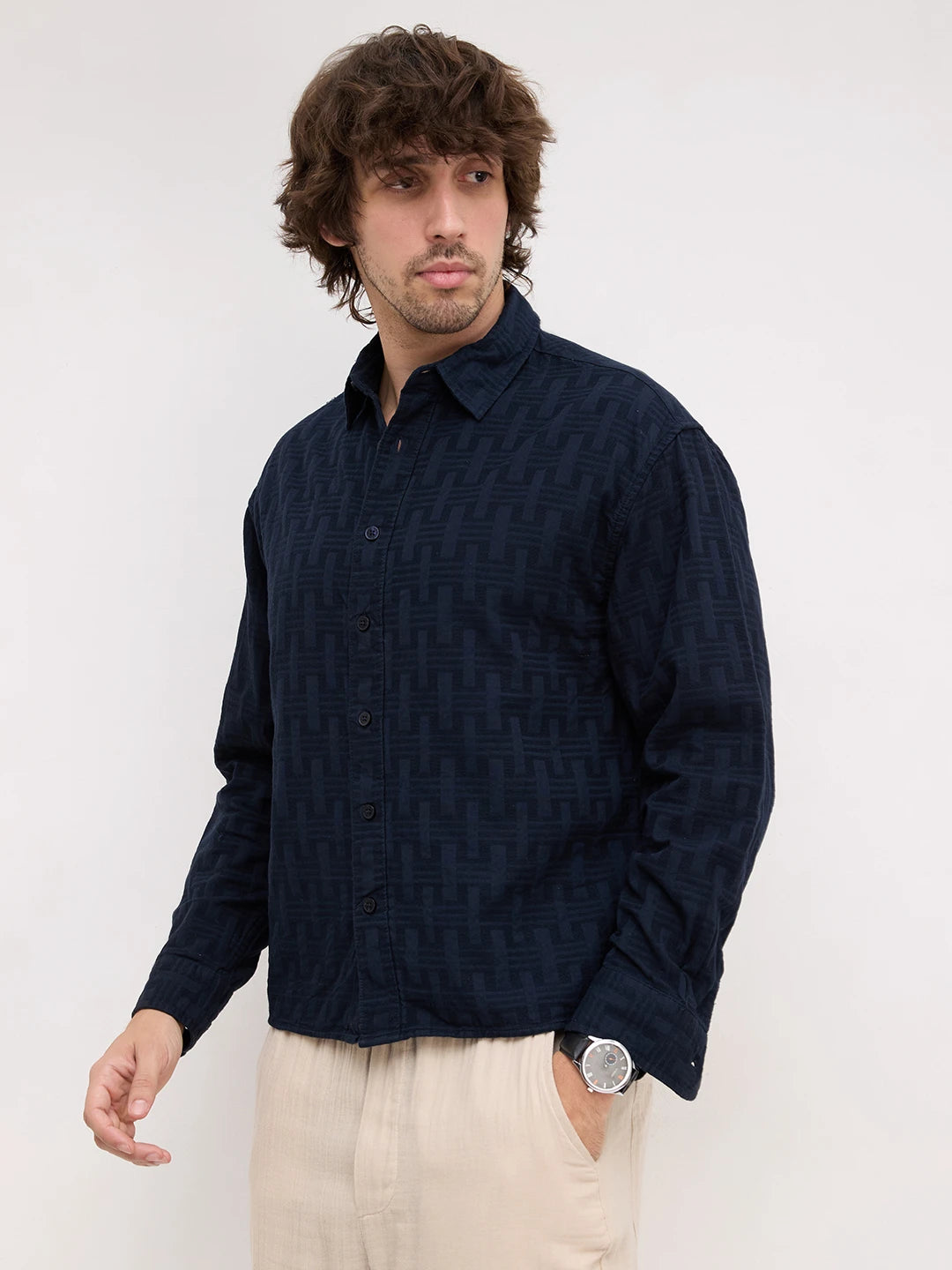 Distinguished Navy Architectural Weave Boxy Fit Crop Shirt