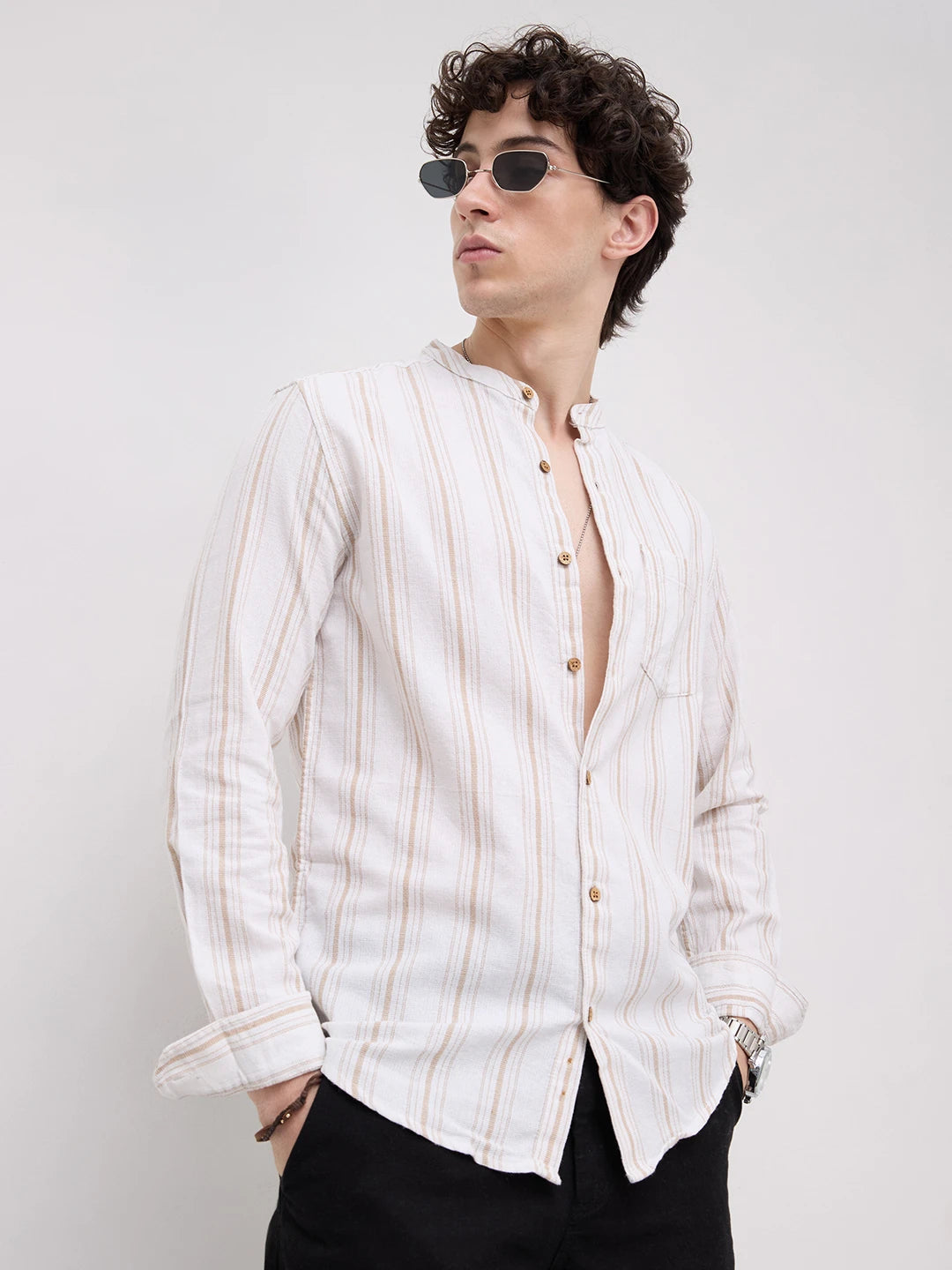 Beige & White Stripes Mandarin Shirt