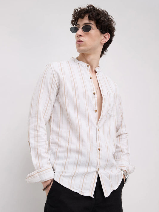 Beige & White Stripes Mandarin Shirt