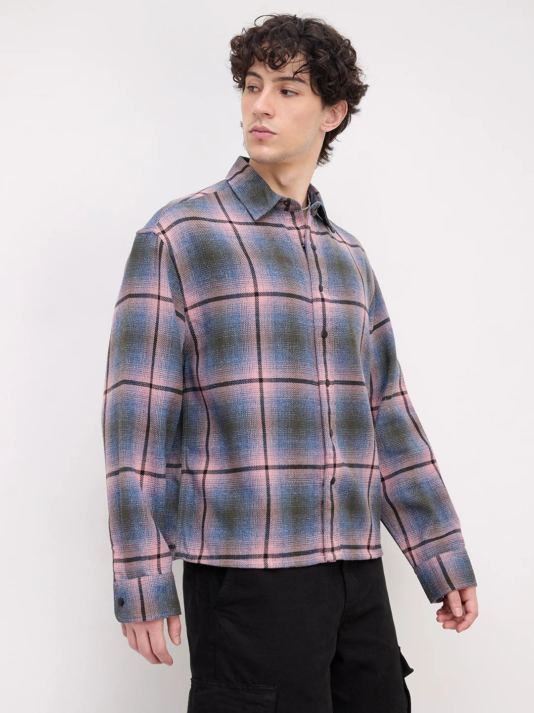 Pink & Blue Flannel Plaid Checks Boxy Fit Crop Shirt