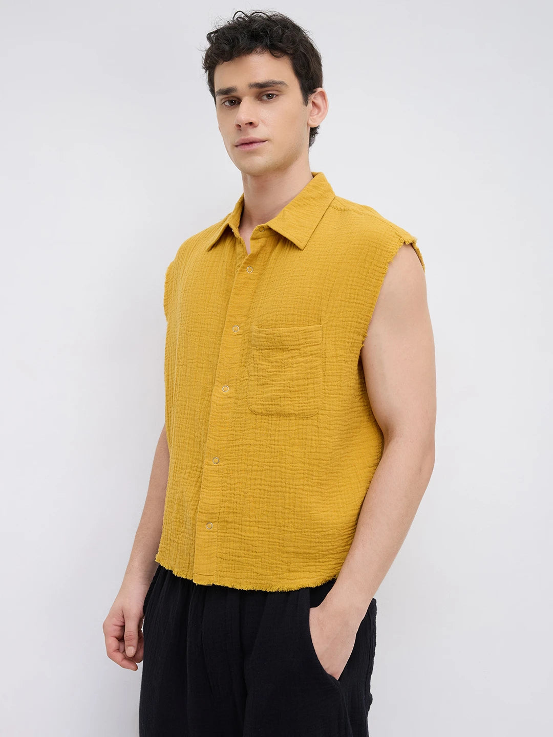 Mustard Yellow Double Cloth Sleevless Crop Shirt