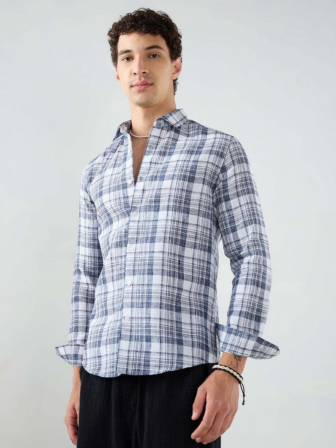 Navy & White Plaid Checks Textured Shirt