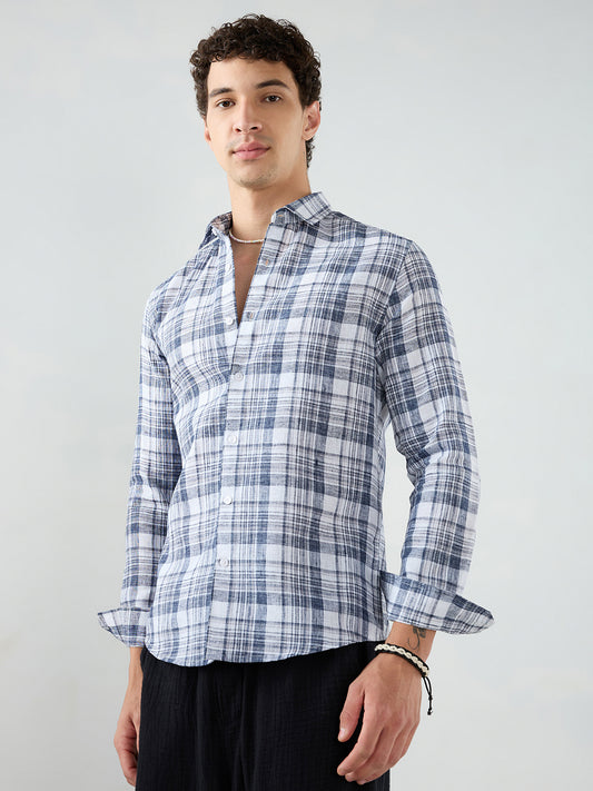 Navy & White Plaid Checks Textured Shirt