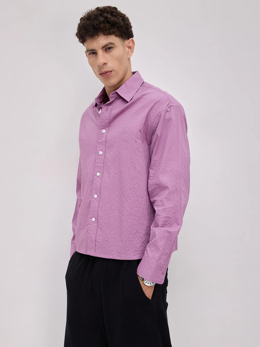 Crushed Fuchsia Pink Textured Boxy Fit Crop Shirt