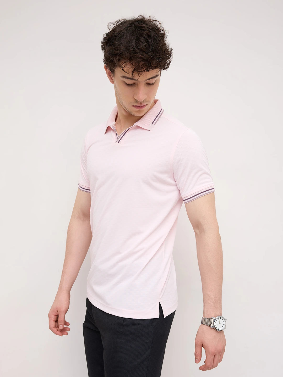 Soft Pink Contrast Knit Collar Tee