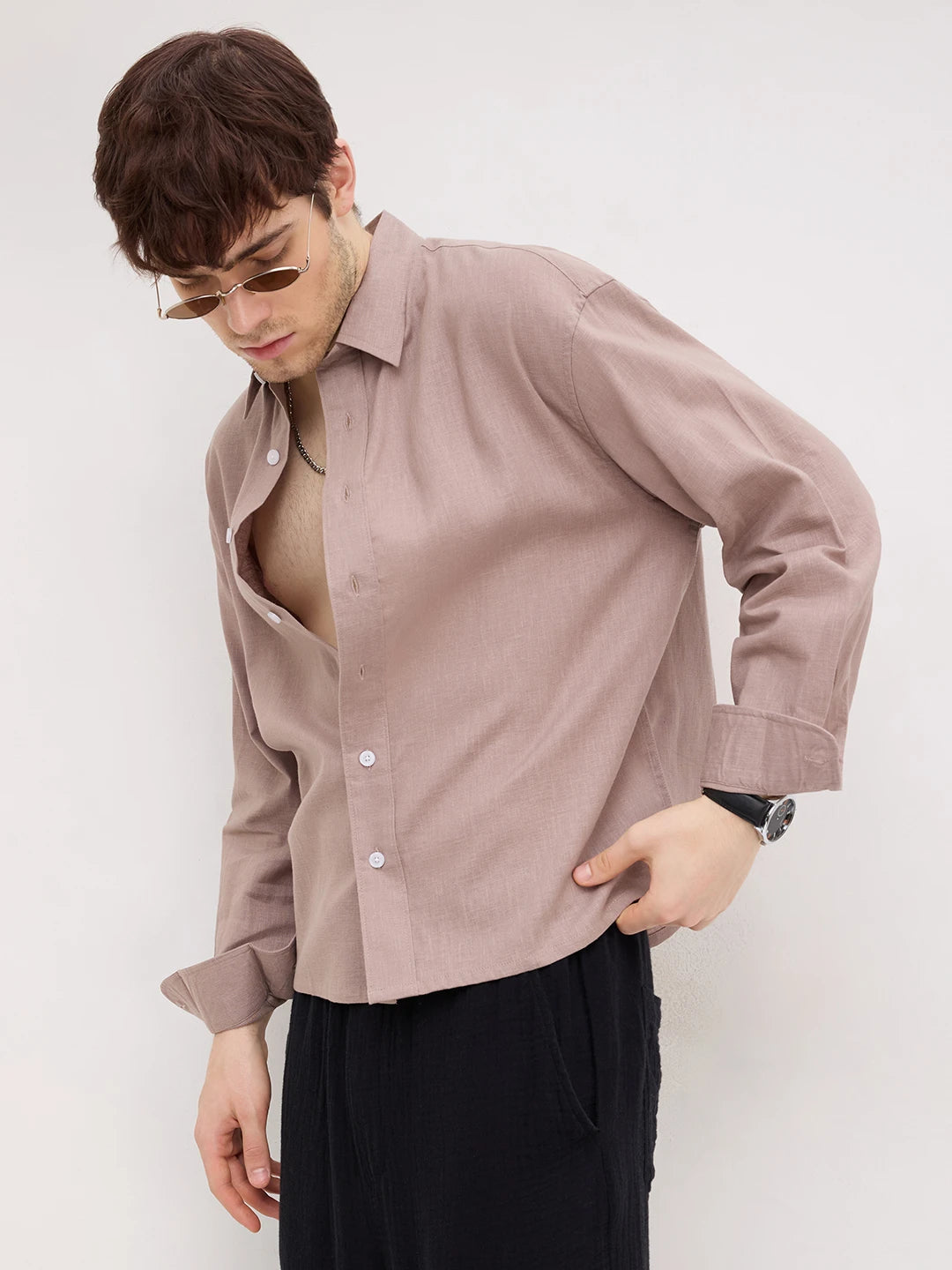 Classic Soft Khaki Fine Textured Boxy Fit Crop Shirt