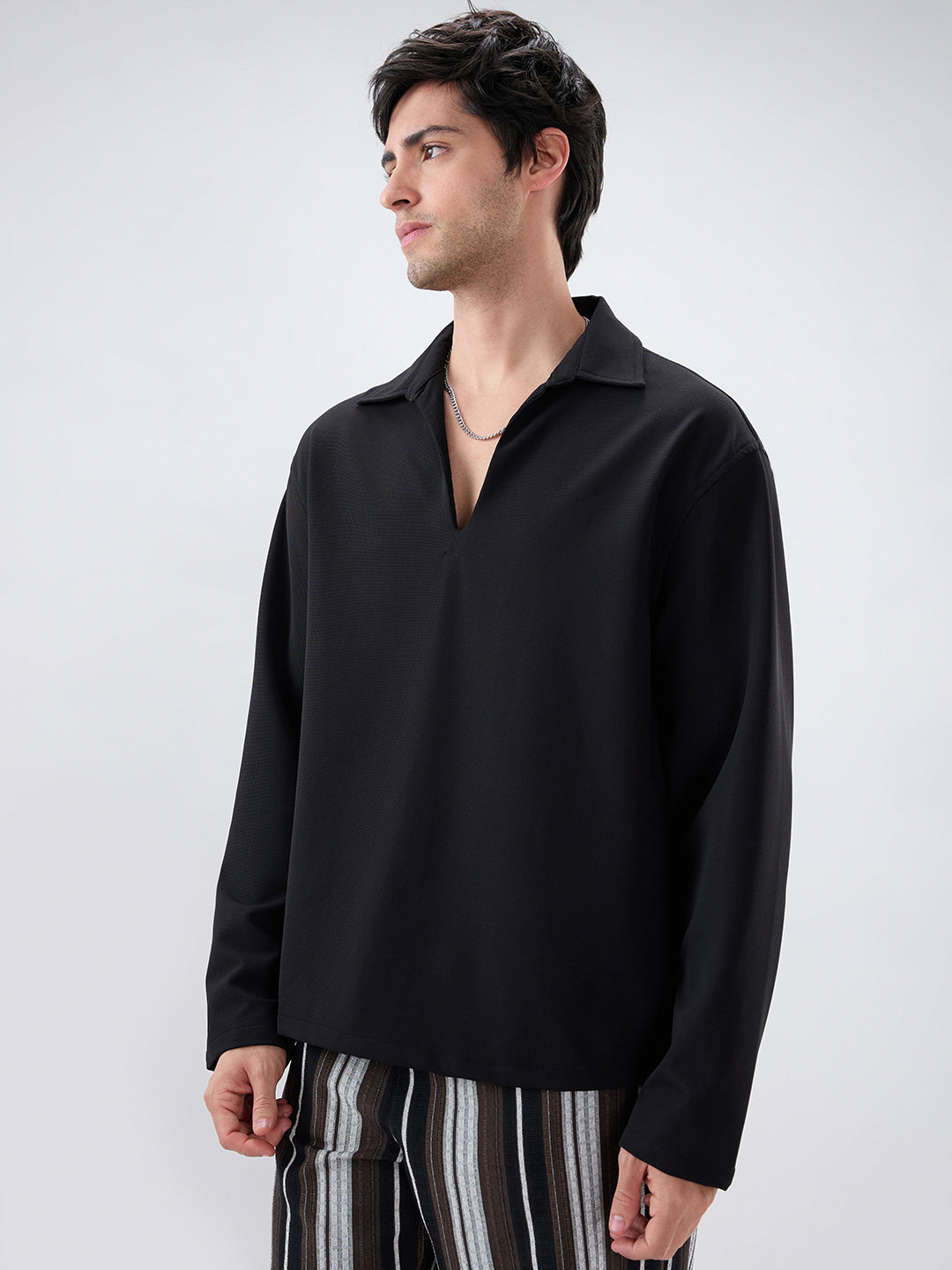 Timeless Black Oversized Polo Tencel Knit Shirt