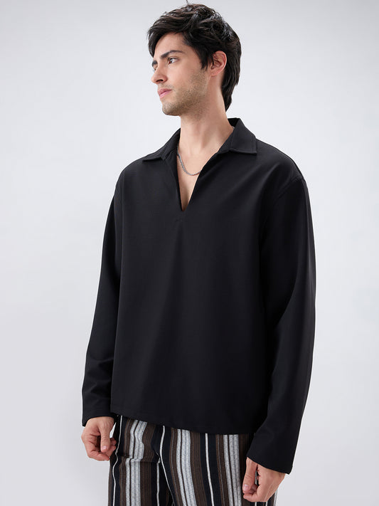 Timeless Black Oversized Polo Tencel Knit Shirt