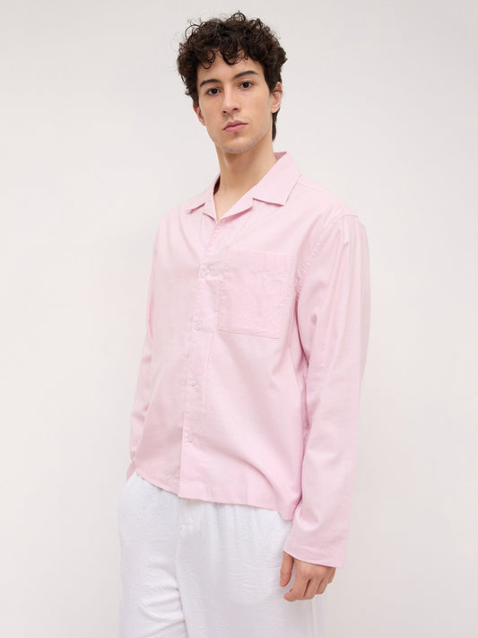 Soft Pink Linen Blend Notch Collar Oversized Shirt