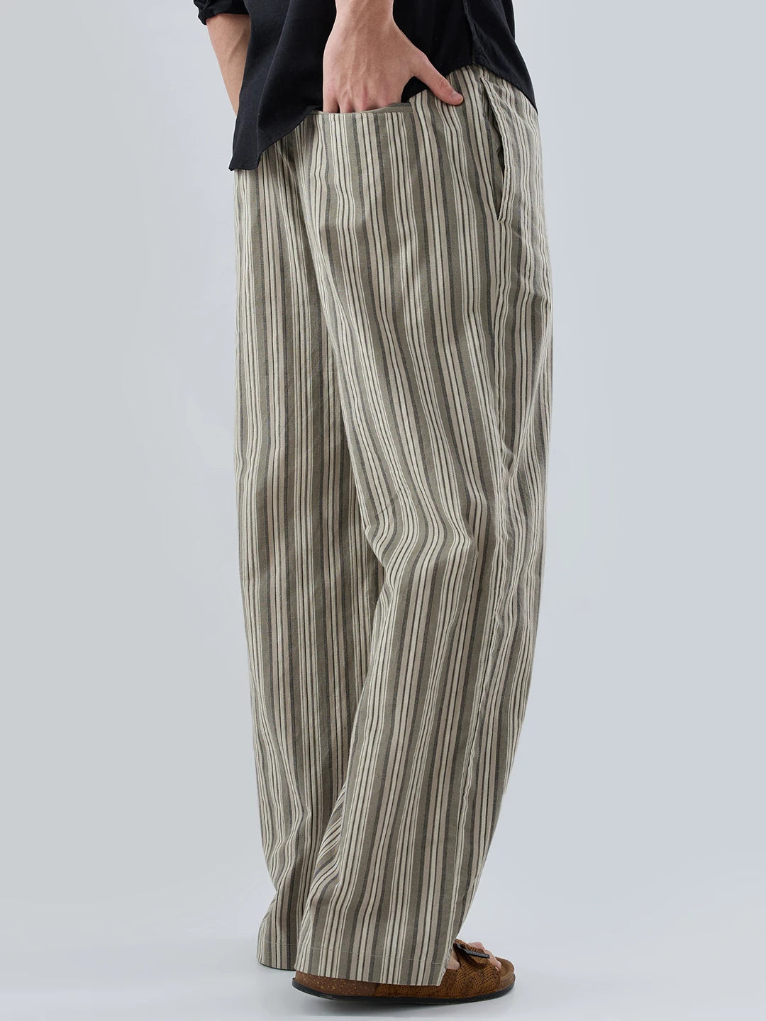 Olive Contrast Striped Wide Leg Trousers