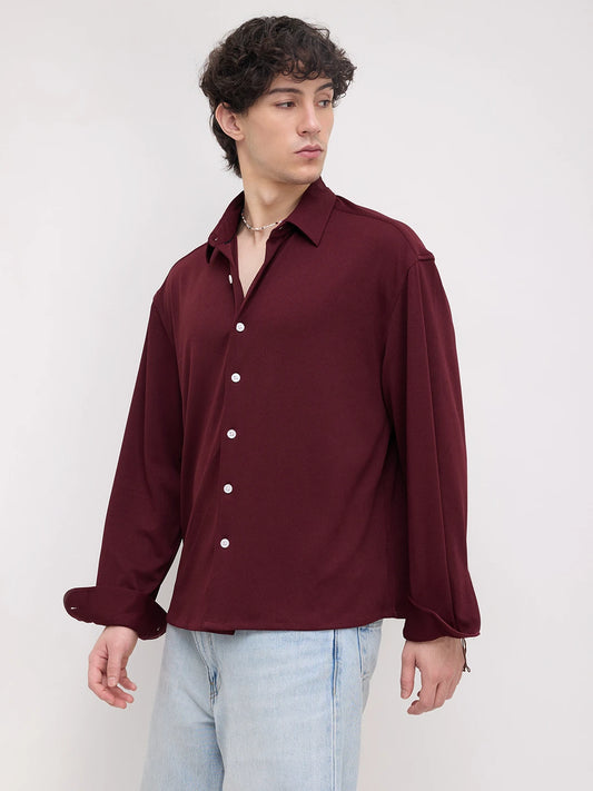 Rich Maroon Fine Textured Knitted Boxy Fit Crop Shirt