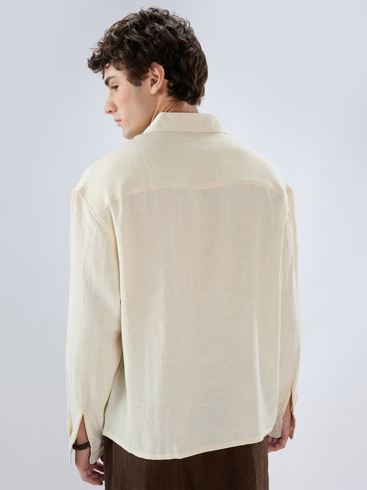 Cream Breeze Minimal Textured Boxy Fit Crop Shirt