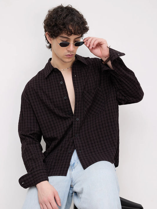 Rick Black Plaid Checks Boxy Fit Crop Shirt