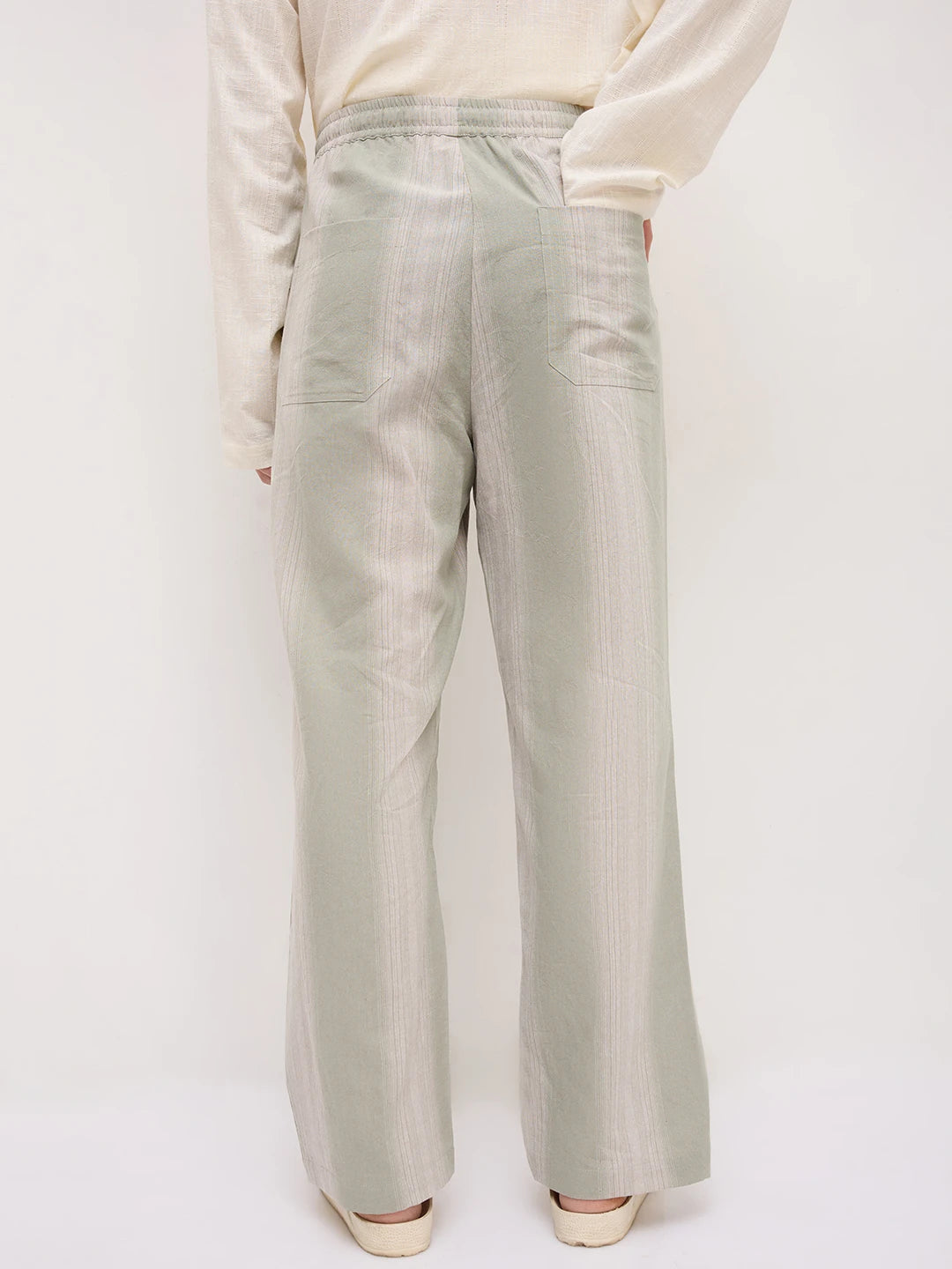 Laurel Green Striped Linen Blend Straight Fit Trousers