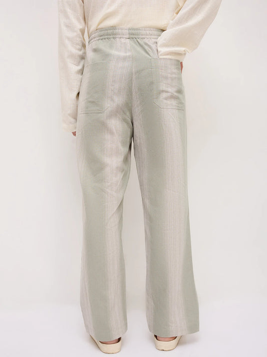 Laurel Green Striped Linen Blend Straight Fit Trousers