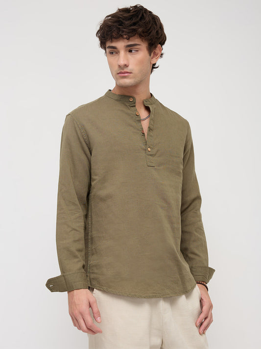 Luxe Olive Fine Sheer Linen Blend Kurta