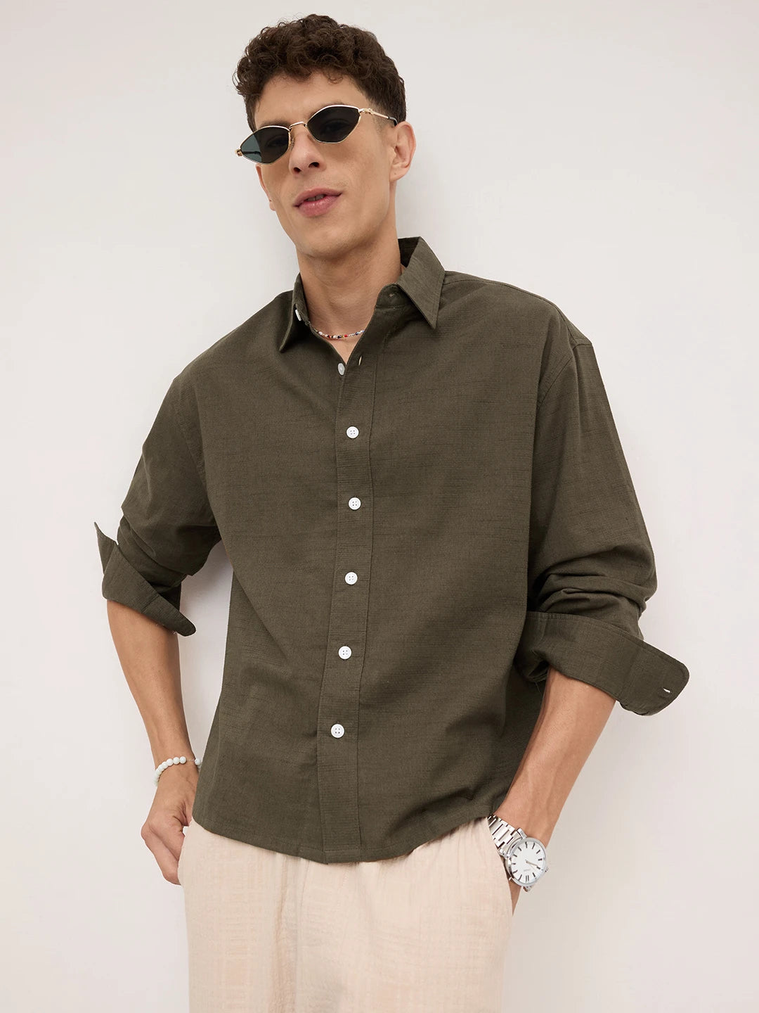 Emerald Green Fine Textured Boxy Fit Crop Shirt