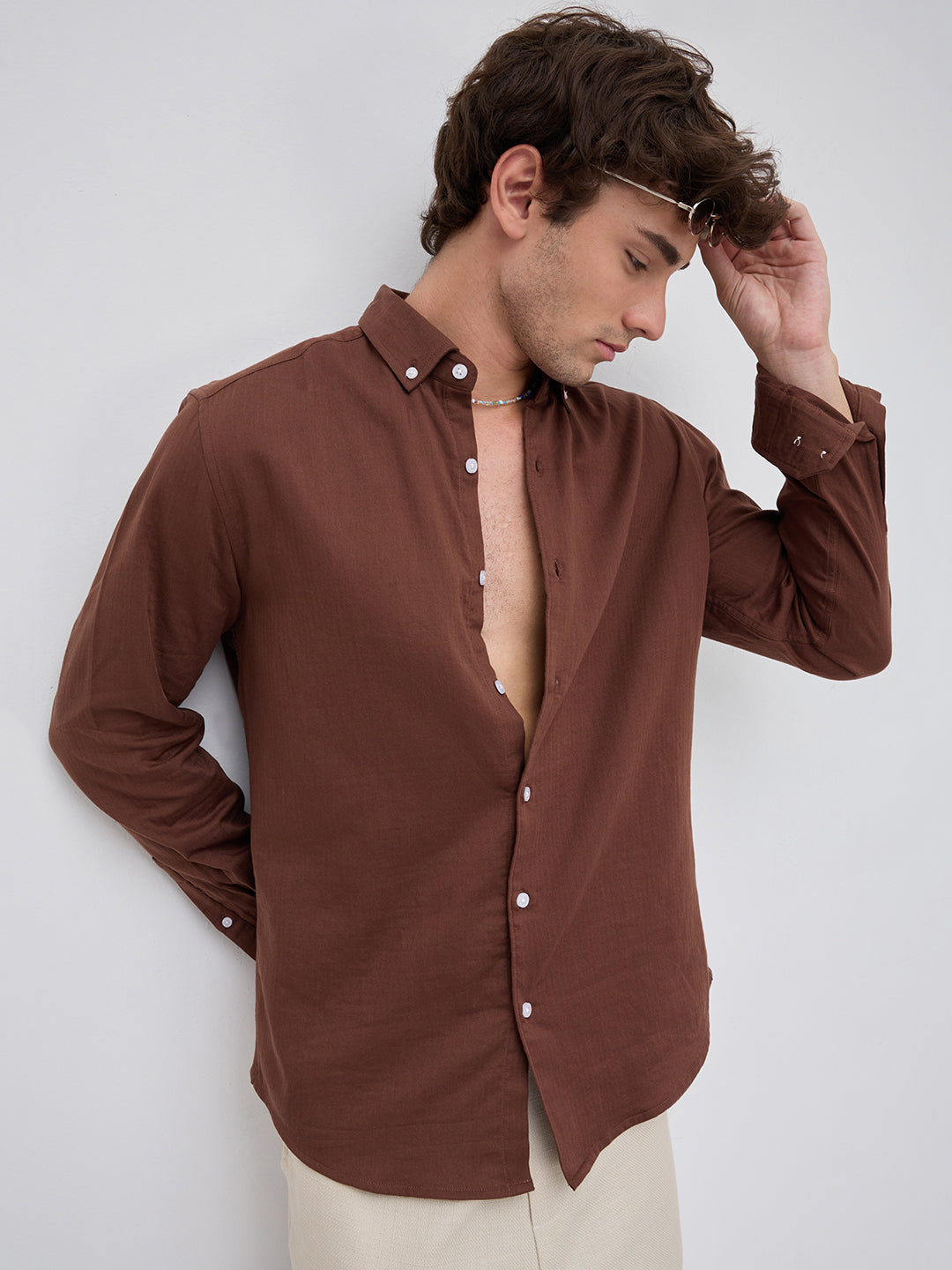 Warm Brown Herringbone Textured Button-Down Shirt