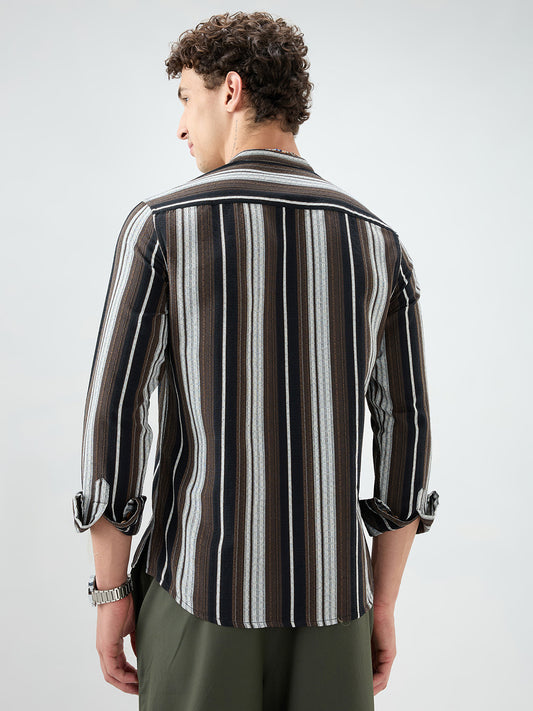 Black Graphic Weave Contrast Stripe Kurta
