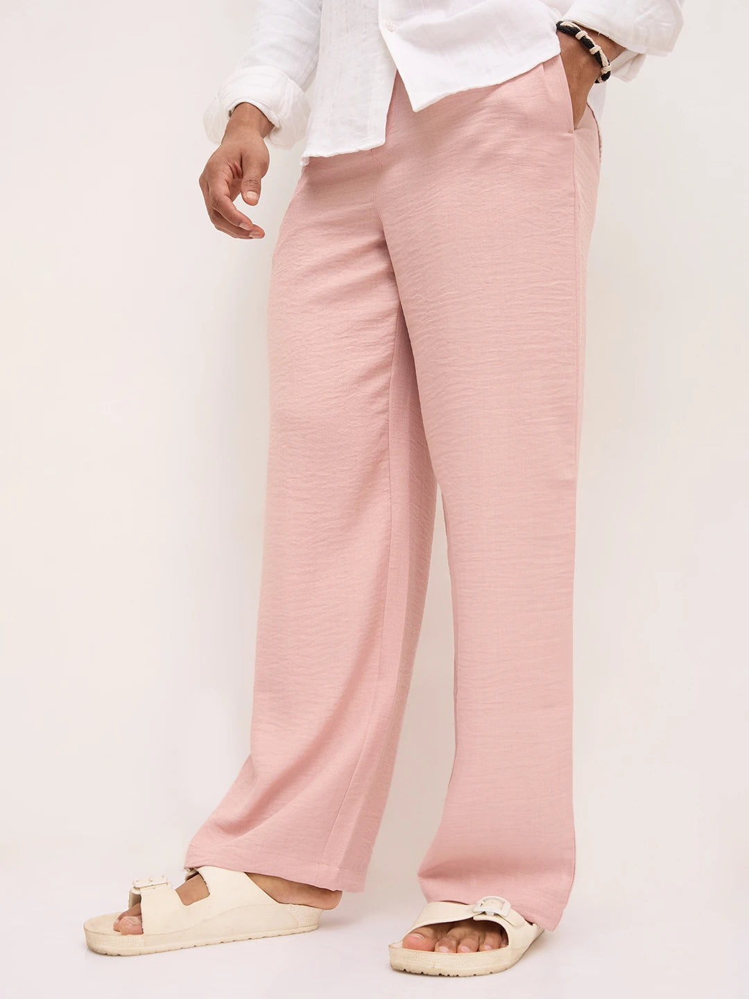 Elegant Champagne Pink Crinkled Wide Leg Trousers
