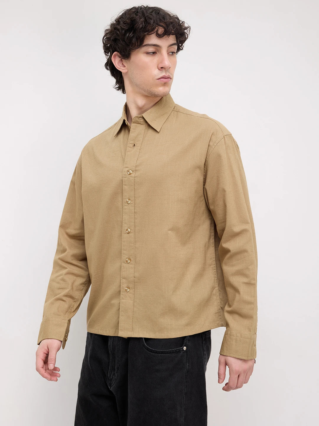 Rich Khaki Micro Square Textured Boxy Fit Crop Shirt