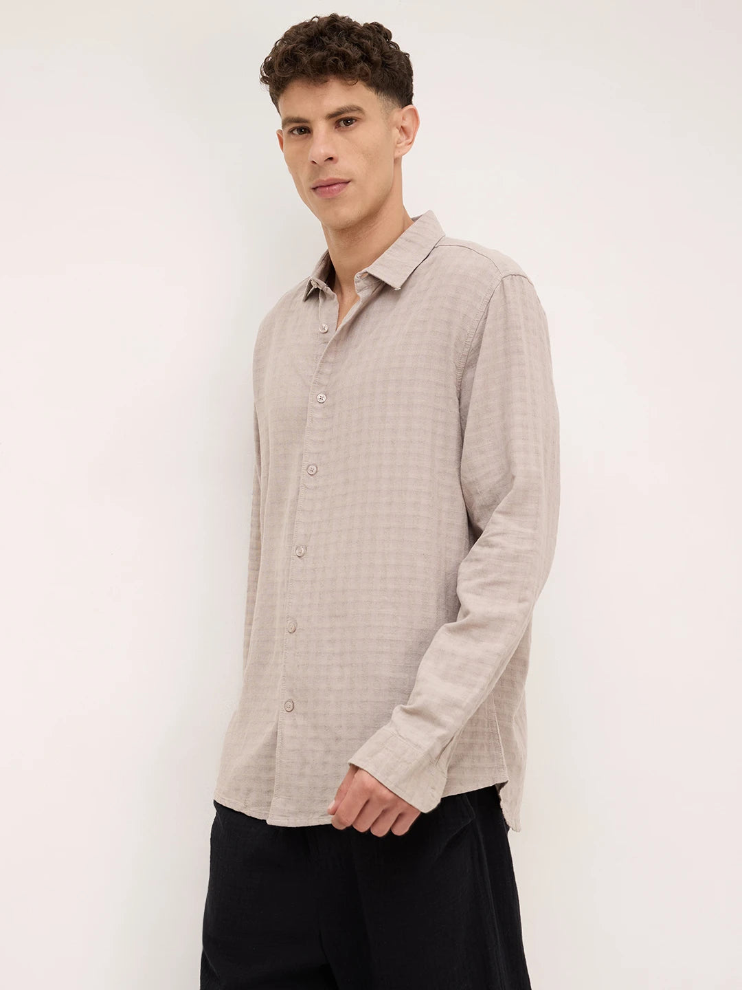 Grey Horizontal Striped Textured Shirt