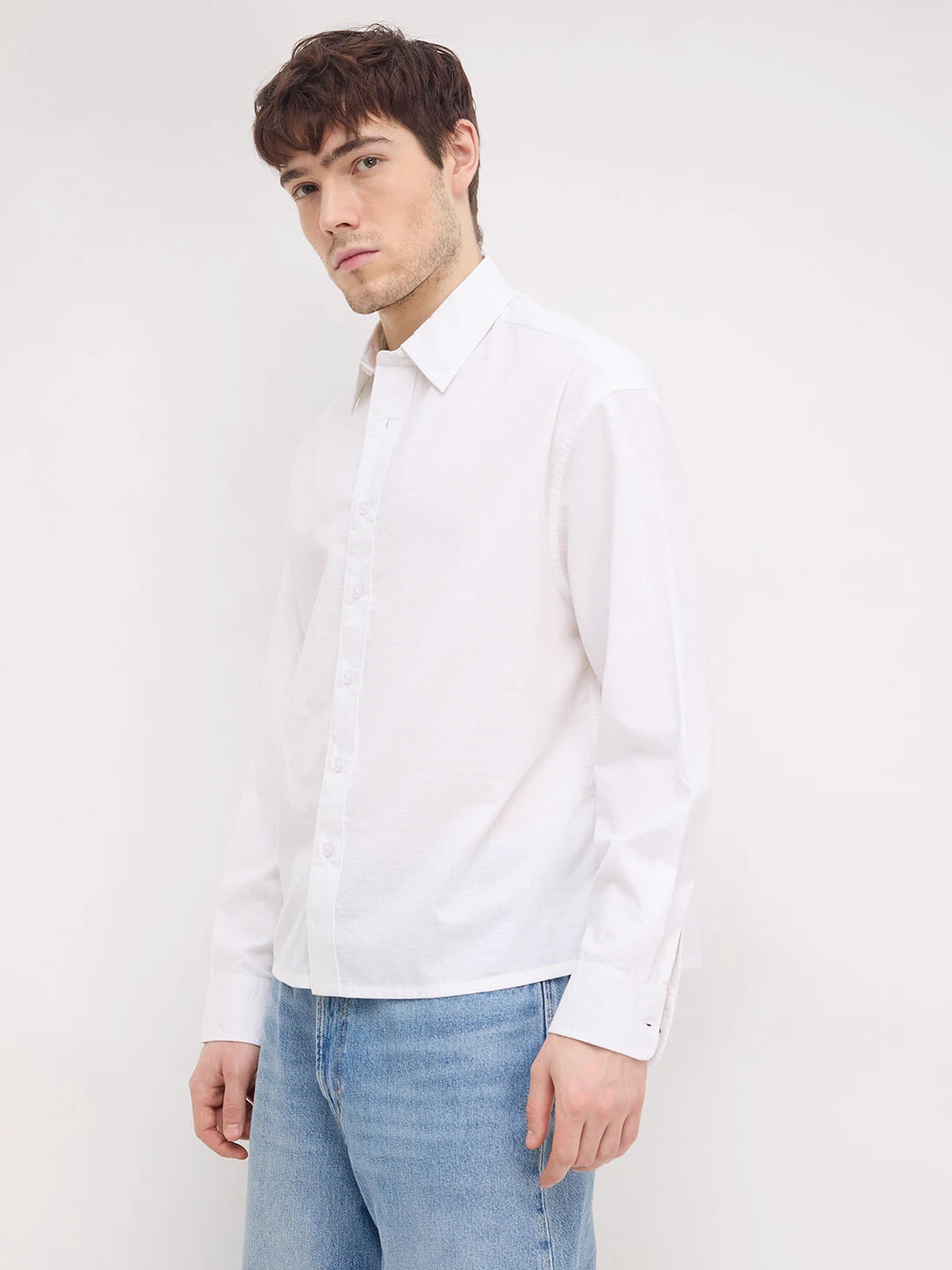 Pearl White Linen Blend Boxy Fit Crop Shirt