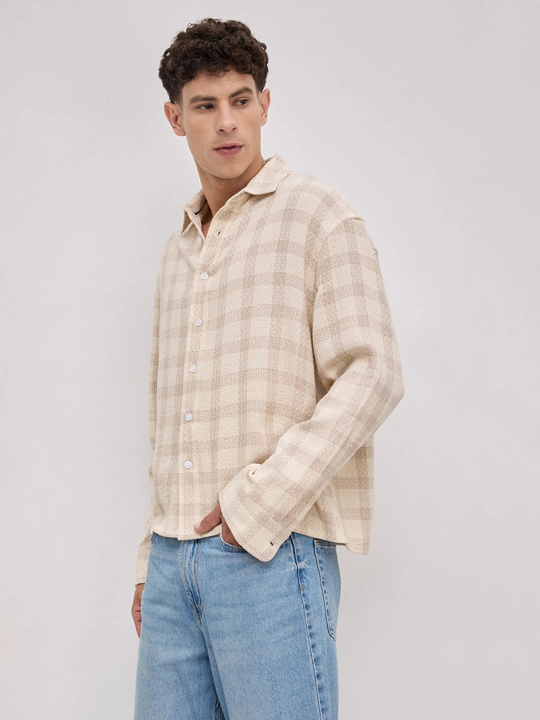 Sand Beige Honeycomb Grid Weave Boxy Fit Crop Shirt