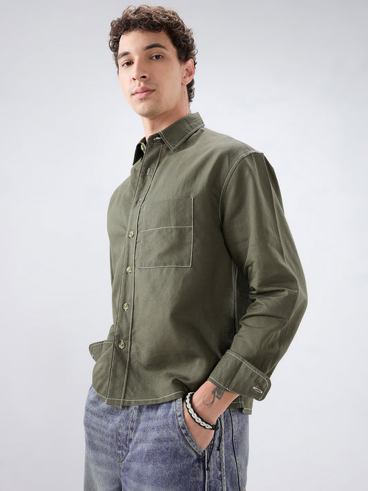 Timeless Olive Linen Blend Contrast Stitch Boxy Fit Crop Shirt