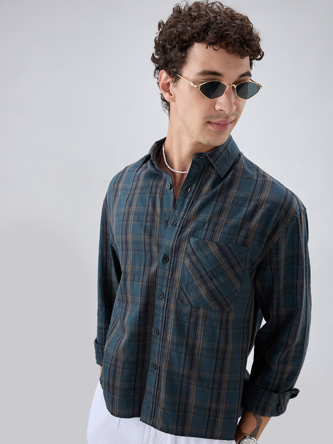 Deep Forest Green Plaid Checks Melange Boxy Fit Crop Shirt