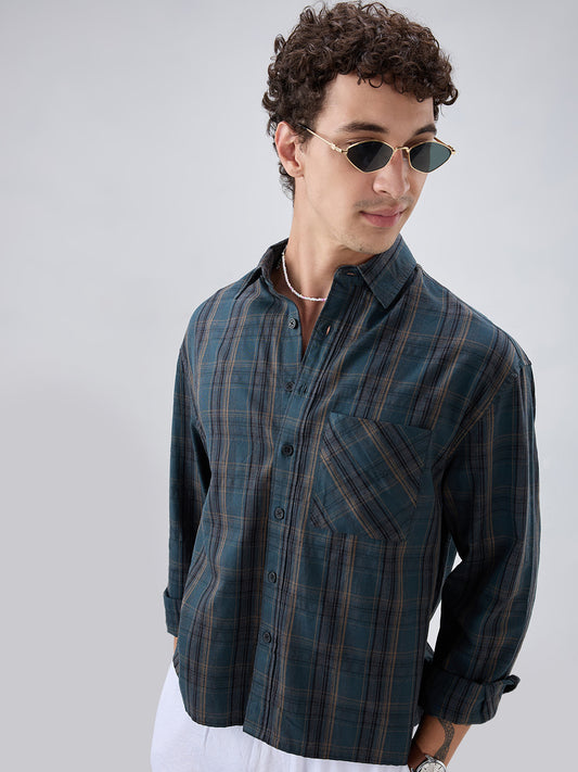 Deep Forest Green Plaid Checks Boxy Fit Crop Shirt