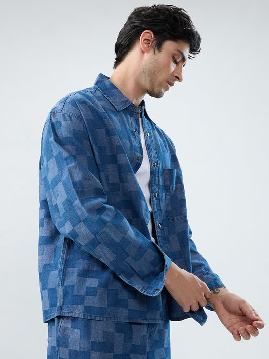 Elegant Denim Patch Block Checks Boxy Fit Crop Shirt