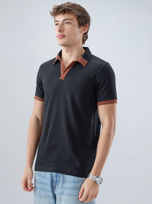 Matte Black Contrast Polo Neck Knit T-shirt