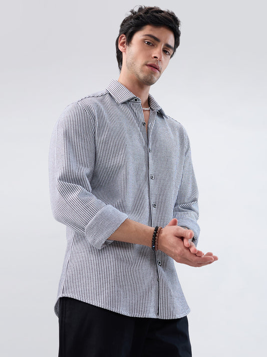 White Grid Textured Knitted Shirt