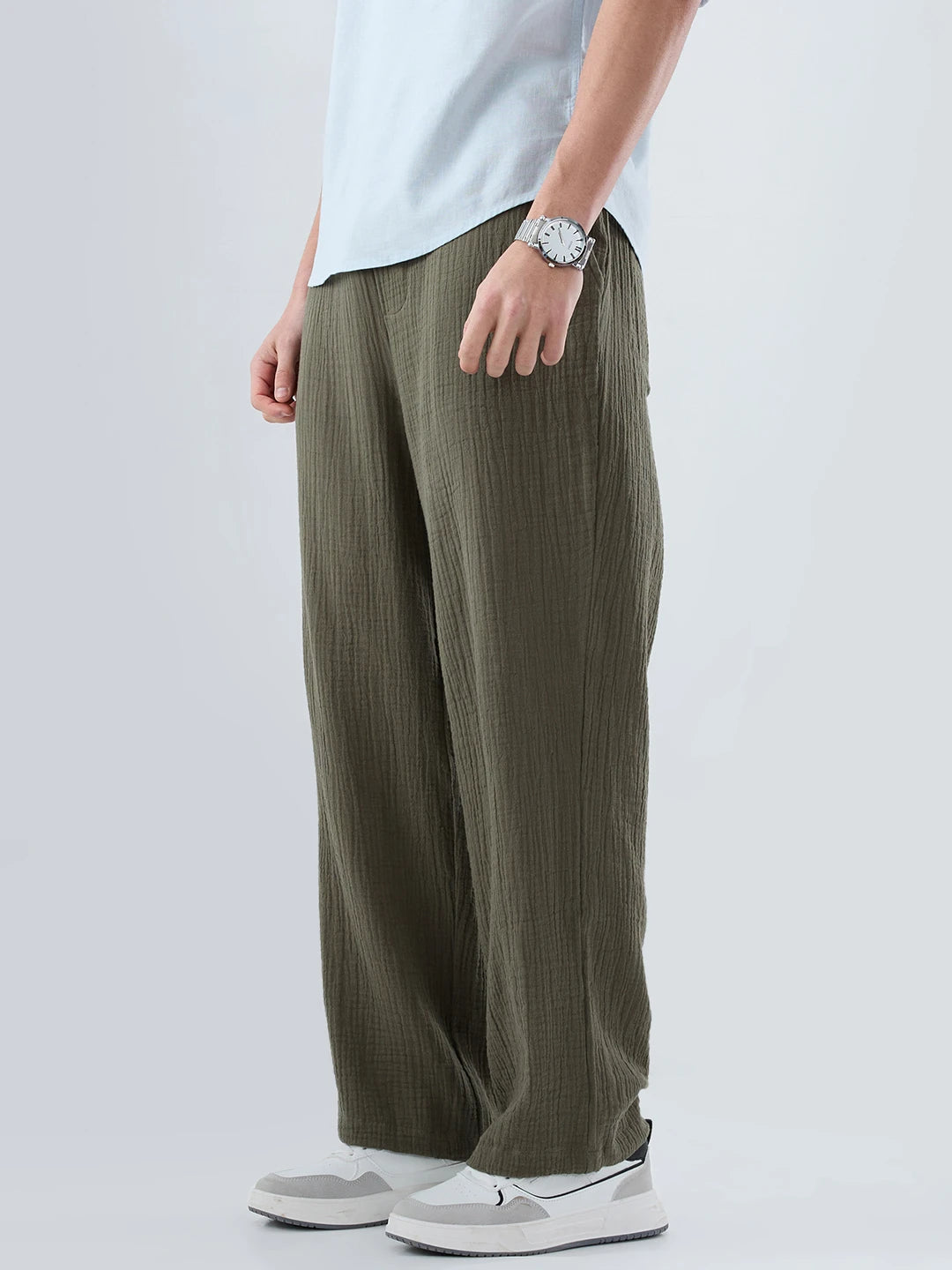 Olive Double Cloth Straight Fit Trousers