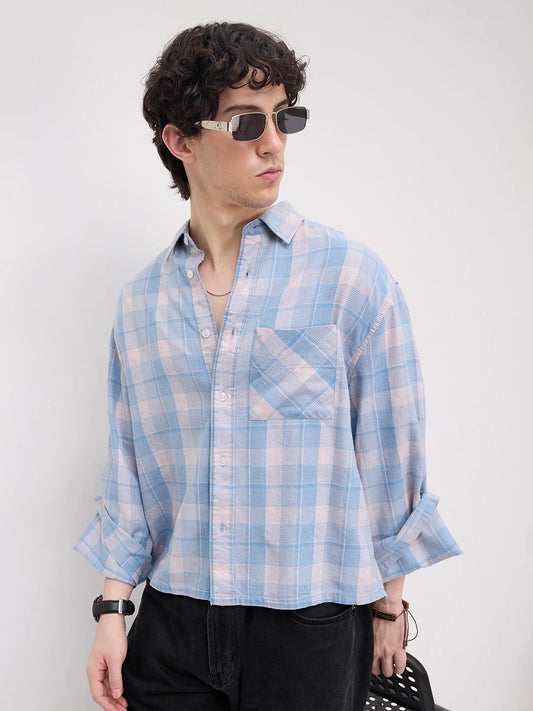 Luxe Denim Square Checks Cuffless Oversized Crop Shirt