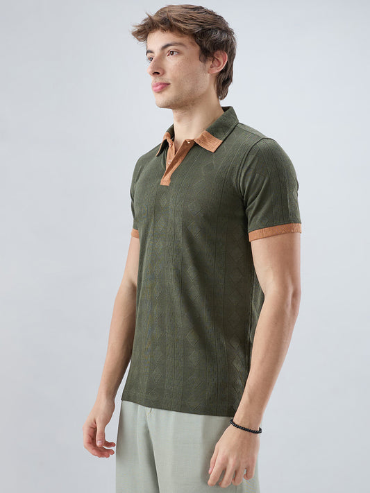 Olive Contrast Polo Neck Knit T-shirt