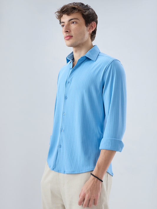Sky Blue Fine Vertical Ribbed Knitted Shirt