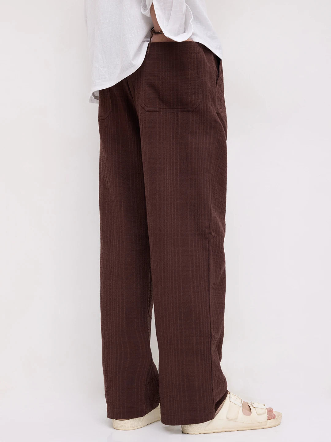 Coffee Brown Double Cloth Embossed Straight Fit Trousers