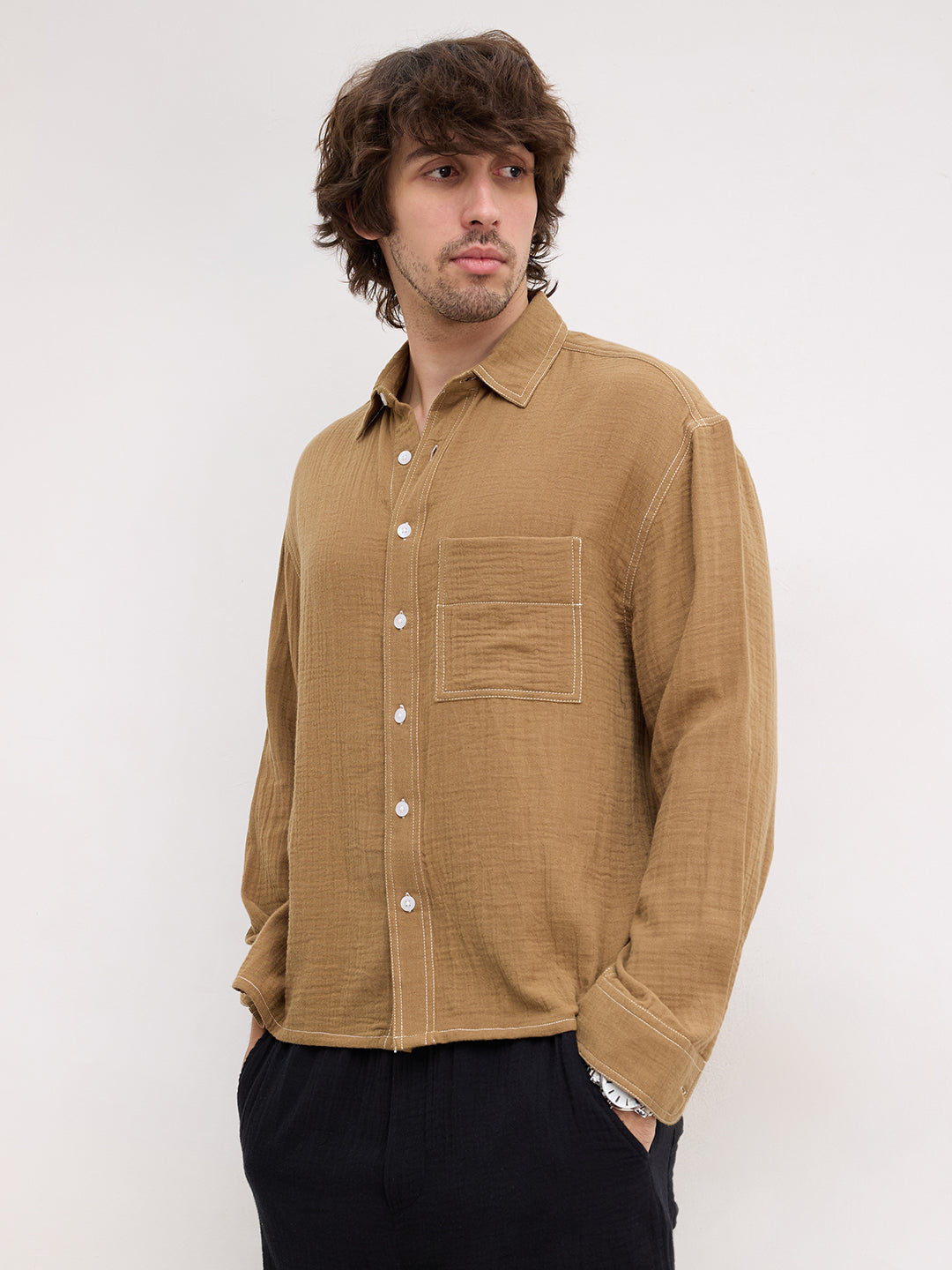 Wood Brown Double Cloth Contrast Stitch Boxy Fit Crop Shirt
