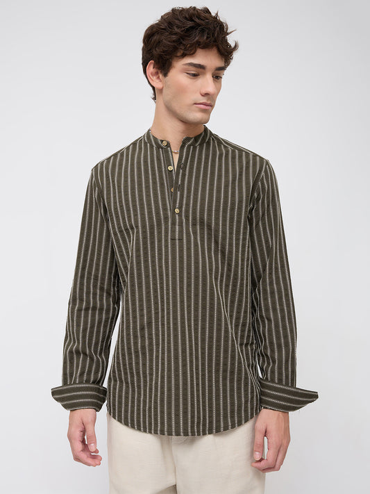 Elegant Olive Motif Seersucker Striped Embroidered Kurta