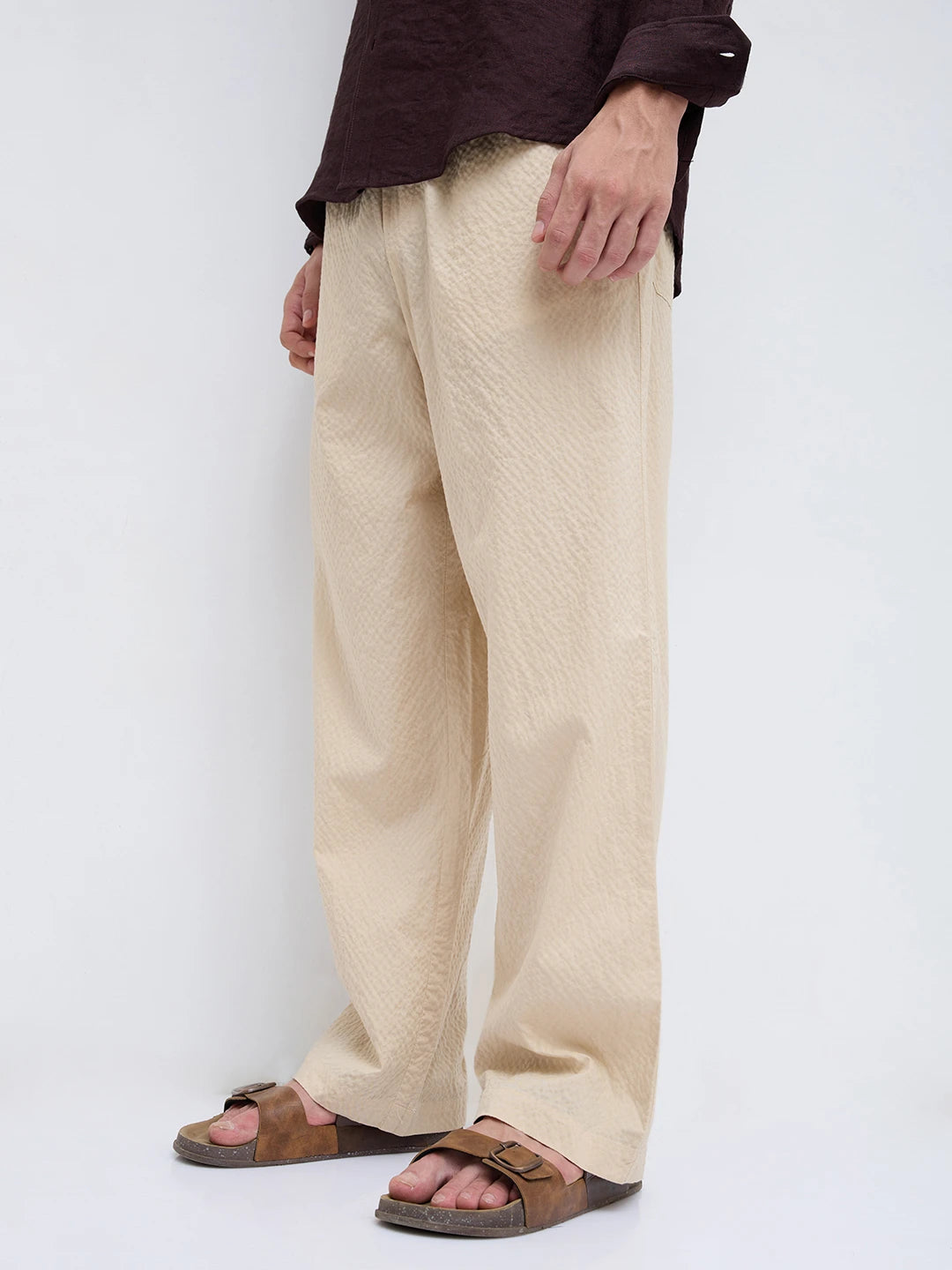 Sand Beige Crinkled Straight Fit Trousers