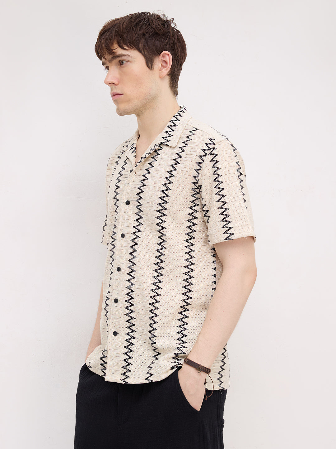 Beige & Black Chevron Striped Notch Collar Oversized Shirt