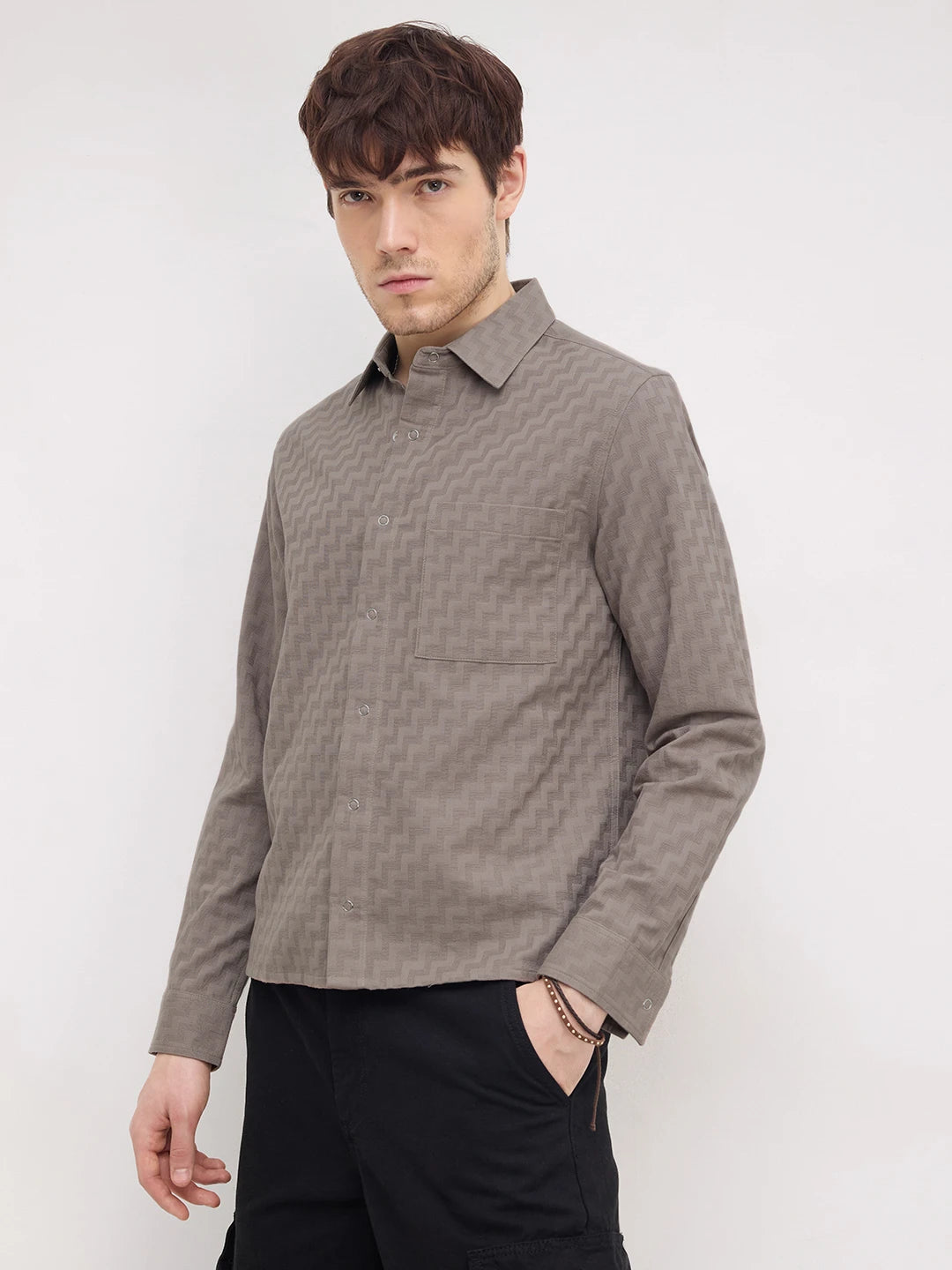 Distinctive Grey Maze Textured Straight Hem Crop Shirt